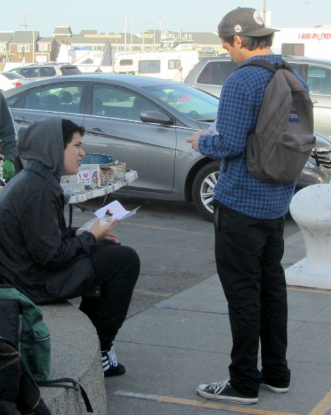 Tanis and Alex read tracts at Fisherman’s Wharf. 