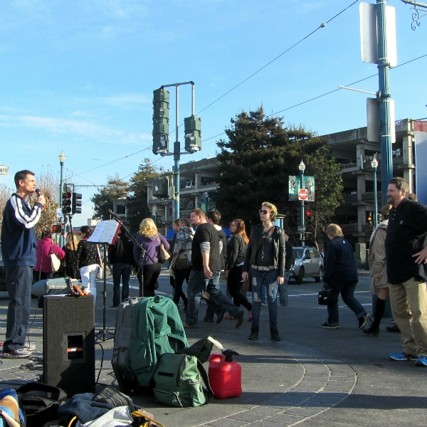 MIKE PREACHES AT FISHERMAN'S WHARF.